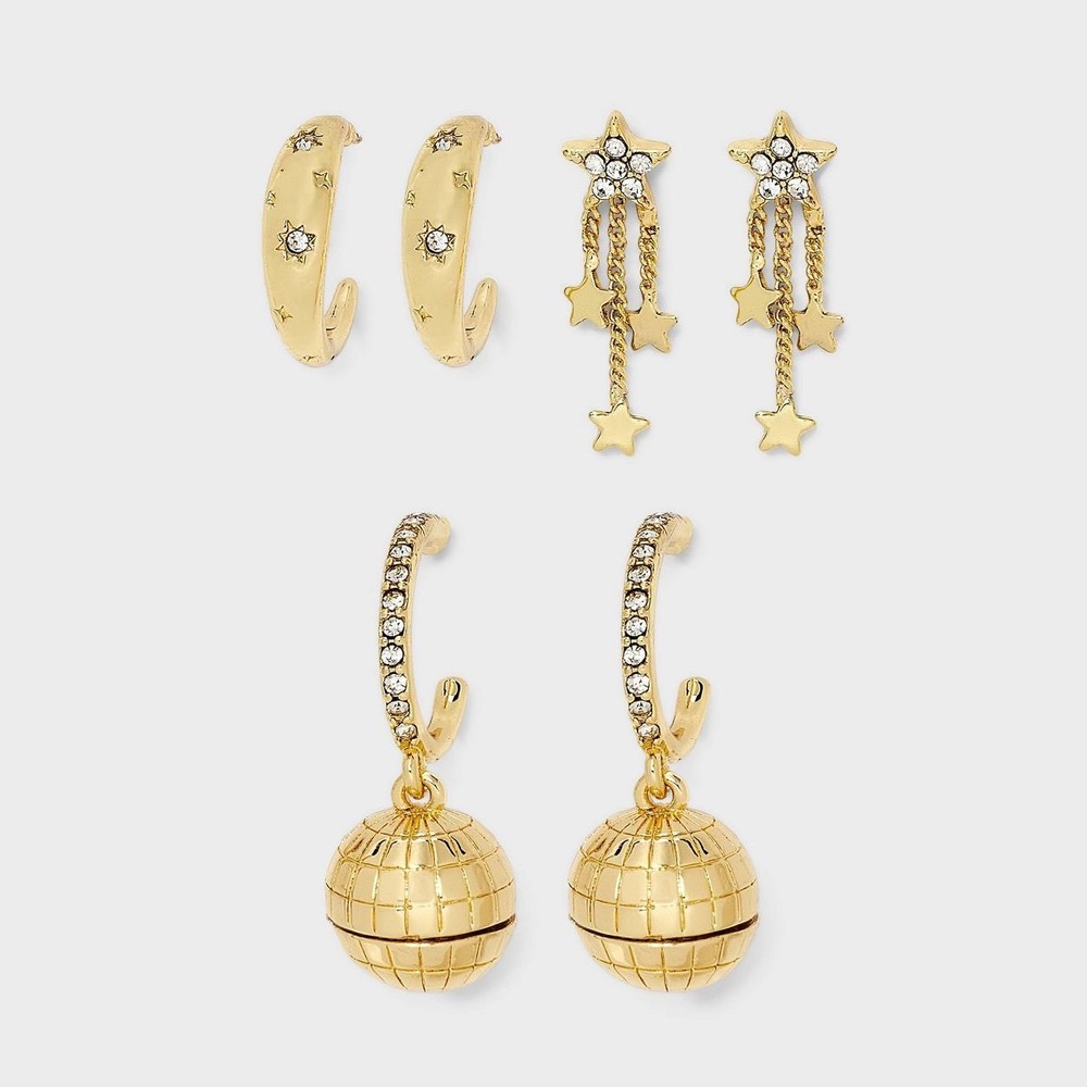 SUGARFIX by BaubleBar Party 101 New Year's Disco 3 Pair Earring Set - Gold - NWT - Picture 1 of 8